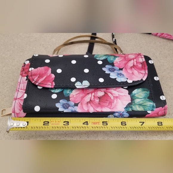Clutch Wallet Black and Pink Floral Polka Dot Clutch with Chain Strap - Picture 11 of 13
